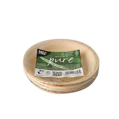 En stak PAPSTAR Skåle af palmeblad »pure«, runde, 13 cm, miljøvenlige (6 stk.) fra PAPSTAR GmbH er pakket i krympefolie – det perfekte bæredygtige engangsservice til miljøbevidste arrangementer.