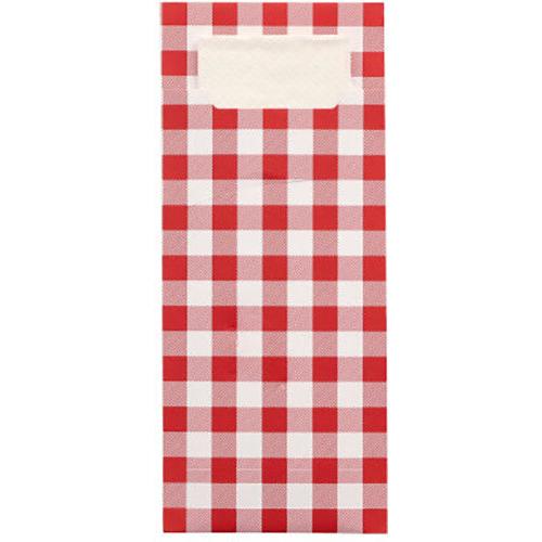 De PAPSTAR 520 bestikposer fra PAPSTAR GmbH er 20 x 8,5 cm store bestikposer med rød-hvidt ternet mønster, en hvid etiket øverst og en integreret, matchende 2-lags serviet (33 x 33 cm) til praktisk brug.