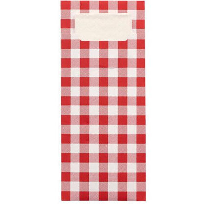 De PAPSTAR 520 bestikposer fra PAPSTAR GmbH er 20 x 8,5 cm store bestikposer med rød-hvidt ternet mønster, en hvid etiket øverst og en integreret, matchende 2-lags serviet (33 x 33 cm) til praktisk brug.