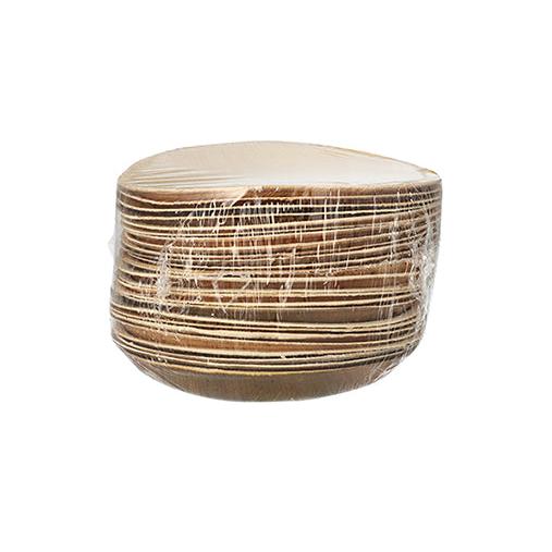 Ein Karton mit 25 PAPSTAR Tellern aus Palmblatt "pure", rund (Ø 18,5 cm), nachhaltig und biologisch abbaubar, von PAPSTAR GmbH ist in transparenter Verpackung vor weißem Hintergrund abgebildet.