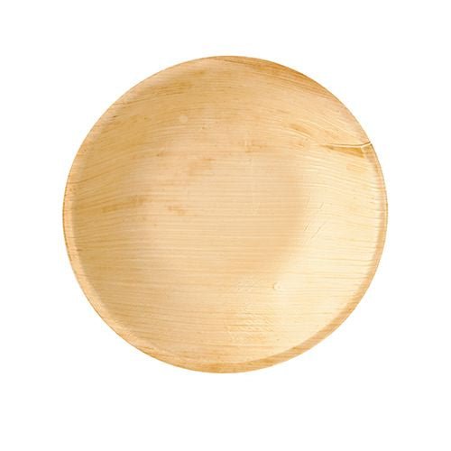 En rund, lysebrun PAPSTAR palmebladsskål "pure", 17,5 cm, lavet af miljøvenligt materiale - perfekt som bæredygtigt engangsservice som disse komposterbare skåle fra PAPSTAR GmbH i kassen (25 stykker).