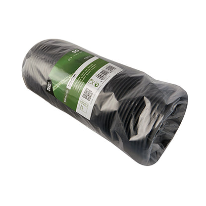 En stak PAPSTAR 50 Dom-låg, runde hvide C-PLA-låg (2,1 cm høje) fra PAPSTAR GmbH, sikkert pakket i en klar emballage med grøn-hvid etiket – en miljøvenlig løsning til din plantepleje.