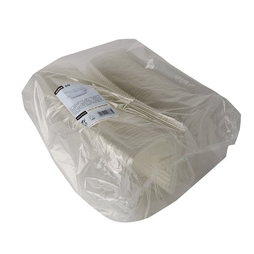 De Starpak 50 delikatesse- og salatskåle med klaplåg, R-PET gennemsigtig oval, leveres i en gennemsigtig, miljøvenlig pose – perfekt til bæredygtig servering af delikatesse- og salatretter.