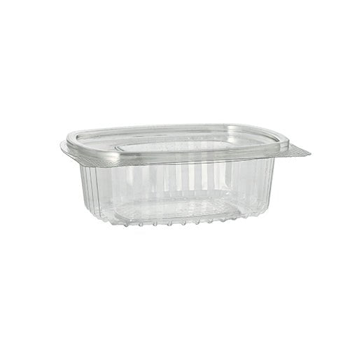 De Starpak 50 delikatesse- og salatskåle med klaplåg, R-PET gennemsigtig oval, er miljøvenlige fødevarebeholdere af gennemsigtig plast med klaplåg, ideelle til delikatesser og salater, afbildet foran en hvid baggrund.