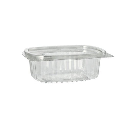 De Starpak 50 delikatesse- og salatskåle med klaplåg, R-PET gennemsigtig oval, er miljøvenlige fødevarebeholdere af gennemsigtig plast med klaplåg, ideelle til delikatesser og salater, afbildet foran en hvid baggrund.