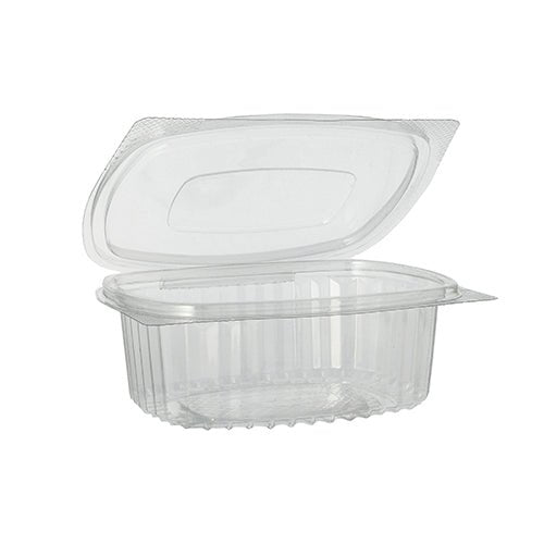 De Starpak 50 delikatesse- og salatskåle med klaplåg er gennemsigtige, ovale clamshell-beholdere af R-PET med hængslet låg, ideelle til miljøvenlig emballering af delikatesser, salater eller bagværk.