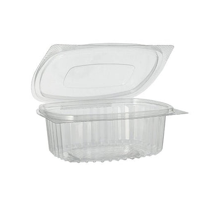 De Starpak 50 delikatesse- og salatskåle med klaplåg er gennemsigtige, ovale clamshell-beholdere af R-PET med hængslet låg, ideelle til miljøvenlig emballering af delikatesser, salater eller bagværk.