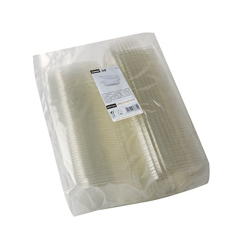 En stak Starpak 50 delikatesse- og salatskåle med klaplåg, R-PET gennemsigtig oval er pakket i en gennemsigtig plastpose med en hvid etiket med produktdetaljer.
