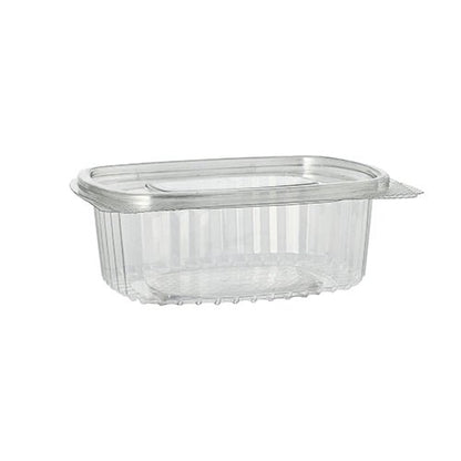 En klar, oval Starpak 50 delikatesse- og salatskål med klaplåg af miljøvenlig R-PET gennemsigtig plast med gennemsigtigt klaplåg er afbildet tom på en enkel hvid baggrund med ribbede sider.