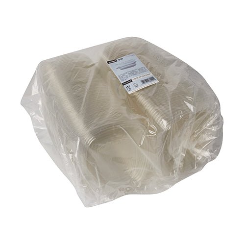 En stak Starpak 50 delikatesse- og salatskåle med klaplåg, R-PET gennemsigtig oval, pakket i en gennemsigtig plastikemballage med en produktetiket på toppen.