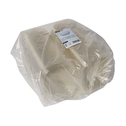 En stak Starpak 50 delikatesse- og salatskåle med klaplåg, R-PET gennemsigtig oval, pakket i en gennemsigtig plastikemballage med en produktetiket på toppen.