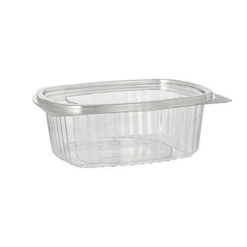 En klar, oval Starpak R-PET delikatesse- og salatskål med klaplåg er afbildet tom på en hvid baggrund. Denne miljøvenlige beholder har ribbede sider for ekstra stabilitet.