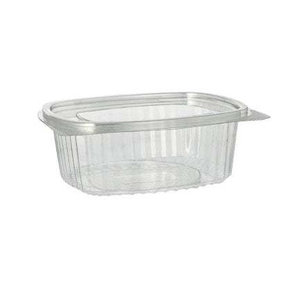 En klar, oval Starpak R-PET delikatesse- og salatskål med klaplåg er afbildet tom på en hvid baggrund. Denne miljøvenlige beholder har ribbede sider for ekstra stabilitet.