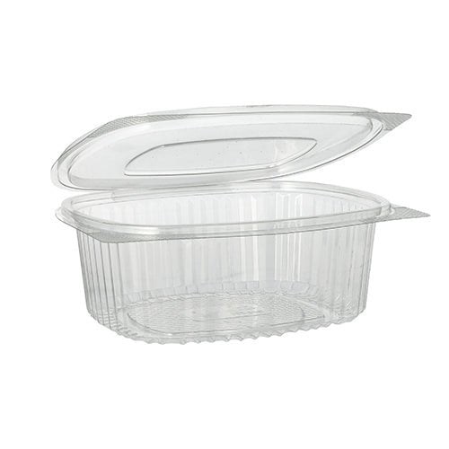 De Starpak 50 delikatesse- og salatskåle med klaplåg i R-PET gennemsigtig er ovale, miljøvenlige beholdere med klaplåg – ideelle til salater og delikatesser. De har afrundede kanter og lodrette riller på siderne.