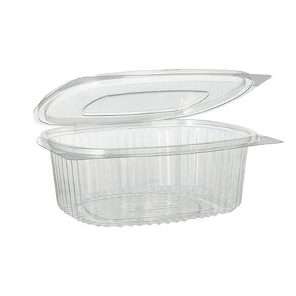 De Starpak 50 delikatesse- og salatskåle med klaplåg i R-PET gennemsigtig er ovale, miljøvenlige beholdere med klaplåg – ideelle til salater og delikatesser. De har afrundede kanter og lodrette riller på siderne.