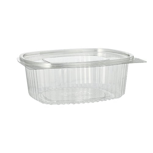 De Starpak 50 delikatesse- og salatskåle med klaplåg er gennemsigtige, ovale beholdere af R-PET gennemsigtig med klaplåg, blødt buede konturer og lodrette sideribber til opbevaring af salater eller delikatesser.