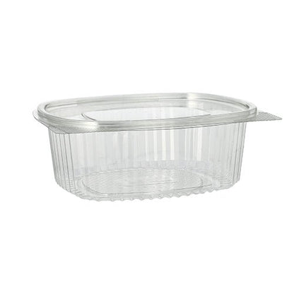 De Starpak 50 delikatesse- og salatskåle med klaplåg er gennemsigtige, ovale beholdere af R-PET gennemsigtig med klaplåg, blødt buede konturer og lodrette sideribber til opbevaring af salater eller delikatesser.