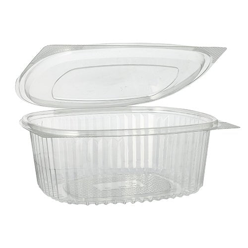 Billedet viser en åben Starpak 50 delikatesse- og salatskål med klaplåg, R-PET gennemsigtig oval – en gennemsigtig, oval, miljøvenlig delikatesse- og salatskål med lodrette riller fra mærket Starpak.