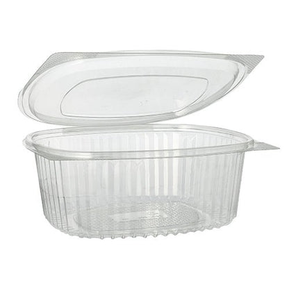 Billedet viser en åben Starpak 50 delikatesse- og salatskål med klaplåg, R-PET gennemsigtig oval – en gennemsigtig, oval, miljøvenlig delikatesse- og salatskål med lodrette riller fra mærket Starpak.