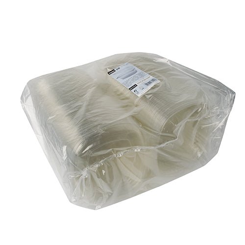 En stak Starpak 50 delikatesse- og salatskåle med klaplåg, R-PET gennemsigtig oval er pakket i gennemsigtig plast og forsynet med en hvid produktetiket.