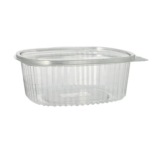 De Starpak 50 delikatesse- og salatskåle med klaplåg, R-PET gennemsigtig oval, er miljøvenlige, gennemsigtige plastbeholdere, ideelle til salater og delikatesser – perfekt til en bæredygtig emballage.