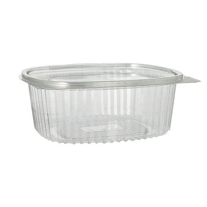 De Starpak 50 delikatesse- og salatskåle med klaplåg, R-PET gennemsigtig oval, er miljøvenlige, gennemsigtige plastbeholdere, ideelle til salater og delikatesser – perfekt til en bæredygtig emballage.
