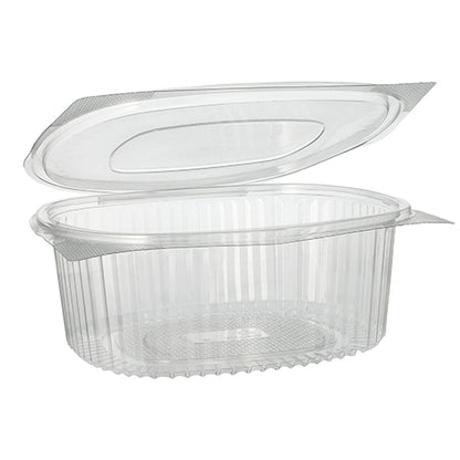 Billedet viser en oval Starpak 50 delikatesse- og salatskål med klaplåg, R-PET gennemsigtig, med delvist åbent klaplåg. Den miljøvenlige Starpak-skål med ribbede sider er tom foran en enkel hvid baggrund.