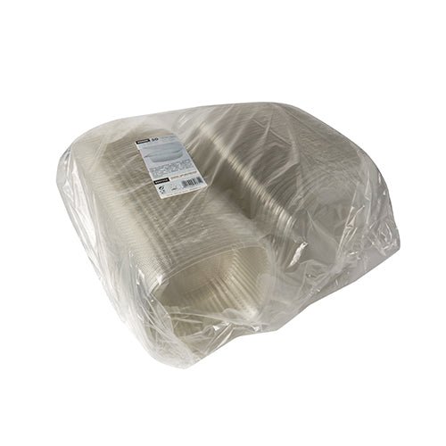 En stor stak Starpak 50 delikatesse- og salatskåle med klaplåg, R-PET gennemsigtig oval, er pakket i en gennemsigtig emballage med en hvid etiket på toppen – ideel til miljøvenlig servering af delikatesser og salater.