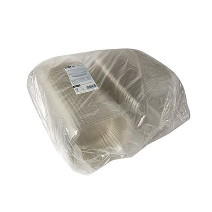 En stor stak Starpak 50 delikatesse- og salatskåle med klaplåg, R-PET gennemsigtig oval, er pakket i en gennemsigtig emballage med en hvid etiket på toppen – ideel til miljøvenlig servering af delikatesser og salater.