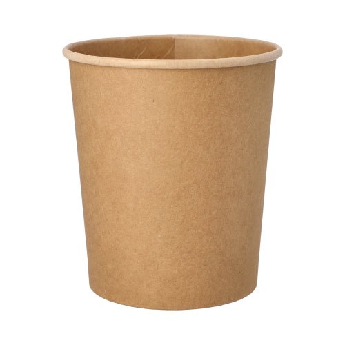 En brun PAPSTAR suppeskål rund (11,5 cm, 940 ml) lavet af miljøvenligt pap står foran en hvid baggrund. Skålen fra PAPSTAR GmbH har en glat overflade og en enkel, cylindrisk form med afrundet kant.