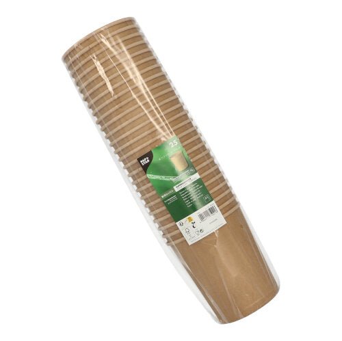 En pakke med 25 PAPSTAR suppeskåle rund (11,5 cm, brun, ideel til supper), hver 940 ml, stablet og pakket i klar plastik med grøn-hvid etiket fra PAPSTAR GmbH.