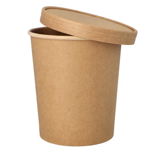 En brun PAPSTAR suppeskål rund (11,5 cm) med matchende låg, ideel til op til 940 ml suppe eller varme drikke. Miljøvenlig, 25 stykker pr. pakke, ideel til at tage med - fra PAPSTAR GmbH.
