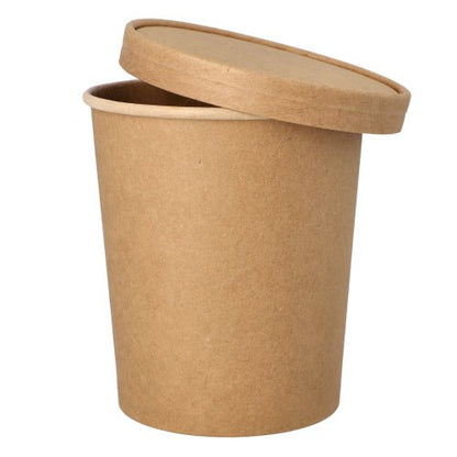 En brun PAPSTAR suppeskål rund (11,5 cm) med matchende låg, ideel til op til 940 ml suppe eller varme drikke. Miljøvenlig, 25 stykker pr. pakke, ideel til at tage med - fra PAPSTAR GmbH.