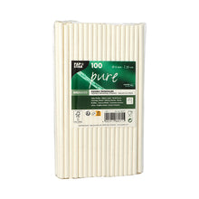 Eine transparente Verpackung der PAPSTAR GmbH enthält 100 „pure“ Papier-Trinkhalme (Ø 6 mm, 20 cm), aufrecht präsentiert mit einem grünen Etikett mit dem Hinweis „biobased“. Dicht verpackt sind diese Strohhalme eine umweltfreundliche Alternative.