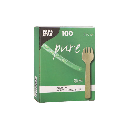 En grøn-hvid æske fra PAPSTAR GmbH med teksten "Trægaffel pure" indeholder 100 miljøvenlige, robuste trægaffel (10 cm) med et gaffelbillede og teksten "Gabeln/Fourchettes" på forsiden.