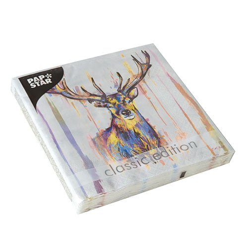 En pakke PAPSTAR GmbH 20 servietter, 33x33 cm, 3-lags, design sæt 5, med en akvarelleret hjort med gevir, tekst "classic edition" og farverige farvedråber på forsiden.
