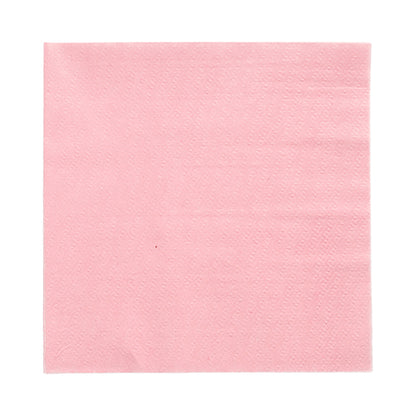 Abgebildet ist eine hellrosa PAPSTAR 100 Serviette (33 x 33 cm, 1-lagig, 1/4-Falz, umweltfreundlich, FSC-zertifiziert) der PAPSTAR GmbH auf weißem Hintergrund.