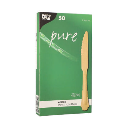 En grøn boks med teksten "pure" fra PAPSTAR GmbH indeholder 50 træknive (20,5 cm) i vintage-design i en papirstand. Forsiden viser en trækniv, et aloe vera-blad og en tekst på tysk, engelsk og fransk.