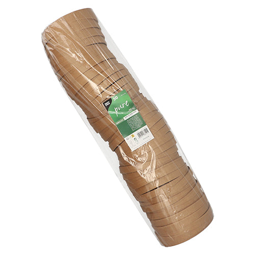 Ein Stapel brauner PAPSTAR "pure" Deckel für Salatschalen (15 cm, rund, 50 Stück) ist in klarem Kunststoff mit einem grün-weißen Etikett der PAPSTAR GmbH verpackt, das die umweltfreundliche Verpackung betont.
