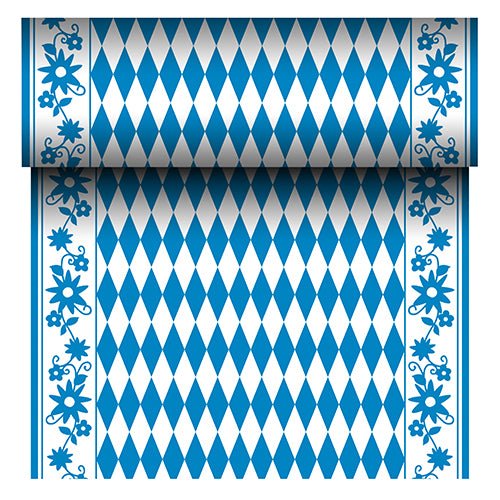 Den PAPSTAR Airlaid-bordløber "Bayrisch Blau" (24 m x 40 cm) fra PAPSTAR GmbH er en stoflignende bordløber med blå-hvidt diamantmønster i midten og en blå blomsterkant. Rullen viser sit gentagne bayerske mønster, når den rulles ud.