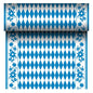 Den PAPSTAR Airlaid-bordløber "Bayrisch Blau" (24 m x 40 cm) fra PAPSTAR GmbH er en stoflignende bordløber med blå-hvidt diamantmønster i midten og en blå blomsterkant. Rullen viser sit gentagne bayerske mønster, når den rulles ud.