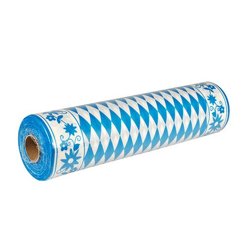 En delvist udpakket PAPSTAR Airlaid-bordløber "Bayrisch Blau" (24 m x 40 cm), stoflignende, med blå-hvidt diamantmønster og floral kantdesign - ideel til en charmerende borddekoration i bayersk stil. Mærke: PAPSTAR GmbH.