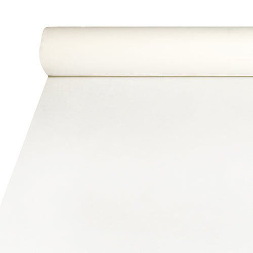 Starpak-dugen af Airlaid (20m x 1,2m) i hvid tilbyder et stoflignende udseende, er holdbar og nem at vedligeholde; Rullens begyndelse er placeret ved den øverste kant af billedet.