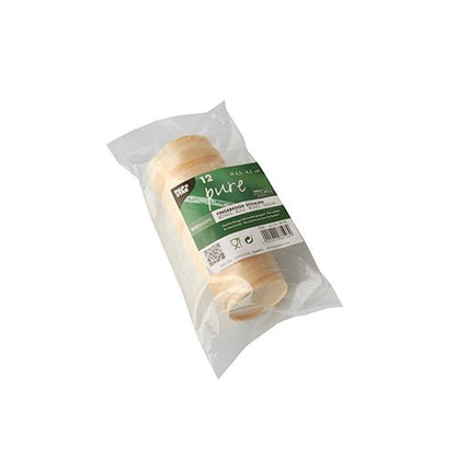 En gennemsigtig plastikpakke med 12 PAPSTAR fingerfood-skåle af træ "pure", rund, Ø 4,5 cm fra PAPSTAR GmbH, med en grøn-hvid etiket (tekst, stregkoder, QR-kode), afbildet på en enkel hvid baggrund.