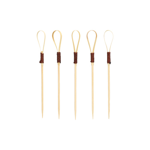 Fyrre PAPSTAR Fingerfood Picks 10 cm "Loop" Cocktail Picks fra PAPSTAR GmbH, ideelle til snacks og fingerfood, kendetegnes ved et unikt loop-design med mørkebrune indpakkede sektioner, der er opstillet lodret foran en enkel hvid baggrund.