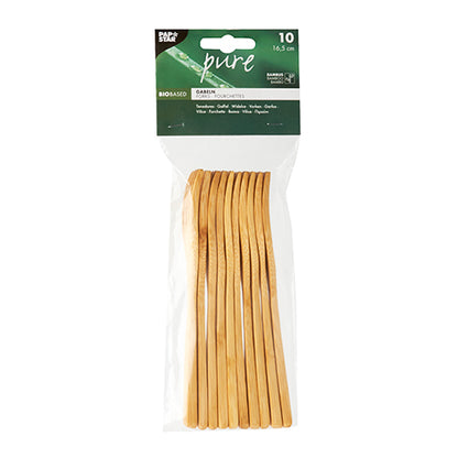10 stykker PAPSTAR gafler af bambus "pure", 16,5 cm, med grøn-hvid etiket fra PAPSTAR GmbH - et ideelt miljøvenligt bestik til enhver miljøbevidst begivenhed.