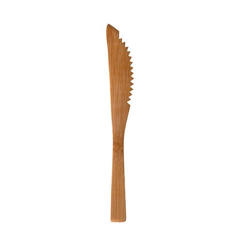 Den PAPSTAR bambuskniv "pure" (16 cm) fra PAPSTAR GmbH, miljøvenlig og stabil, vises mod en hvid baggrund - en praktisk engangskniv i en pose med 10 stykker.
