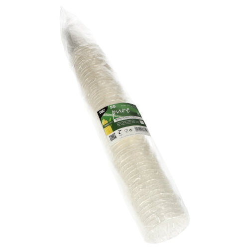 En pakke med 50 PAPSTAR GmbH kolddriksbæger PLA "pure" krystalklare engangsbægre, biologisk nedbrydelige, individuelt og gennemsigtigt pakket - ideel til kolde drikke.