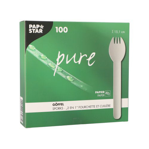 Eine weiße Box mit der Aufschrift „PAPSTAR pure“ der PAPSTAR GmbH enthält 100 Papier-Göffel (16 cm) in einem faltbaren Karton, auf der Vorderseite befindet sich ein schlichtes Göffelbild und Produktinformationen in mehreren Sprachen.