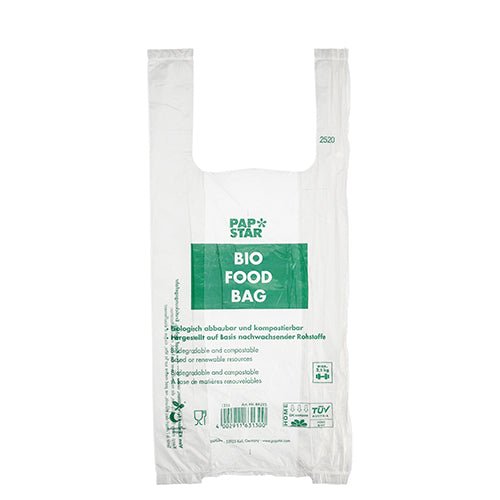 Den gennemsigtige PAPSTAR knudepose på rulle (47x22 cm, 150 stykker) fra PAPSTAR GmbH er lavet af biologisk nedbrydelig bio-folie og har et bånd med produktinformationer på flere sprog.